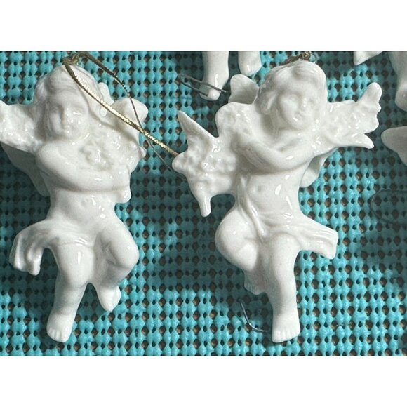 Porcelain Cherub Angel Christmas Ornaments Set White Hanging - Picture 4 of 11